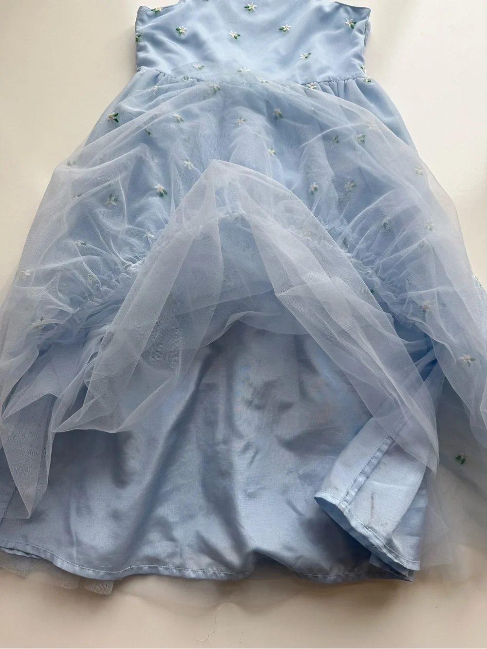 Mini Boden Back Bow Blue Tulle Dress with Embroidered Flowers size 8/9